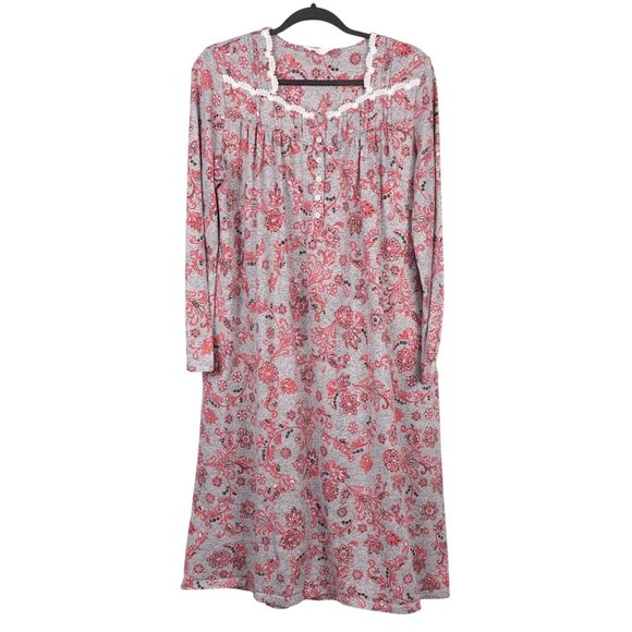 Secret Treasures Nightgown L 12 14 Womens Gray Red Long Sleeve Floral Lace Trim - Picture 1 of 6